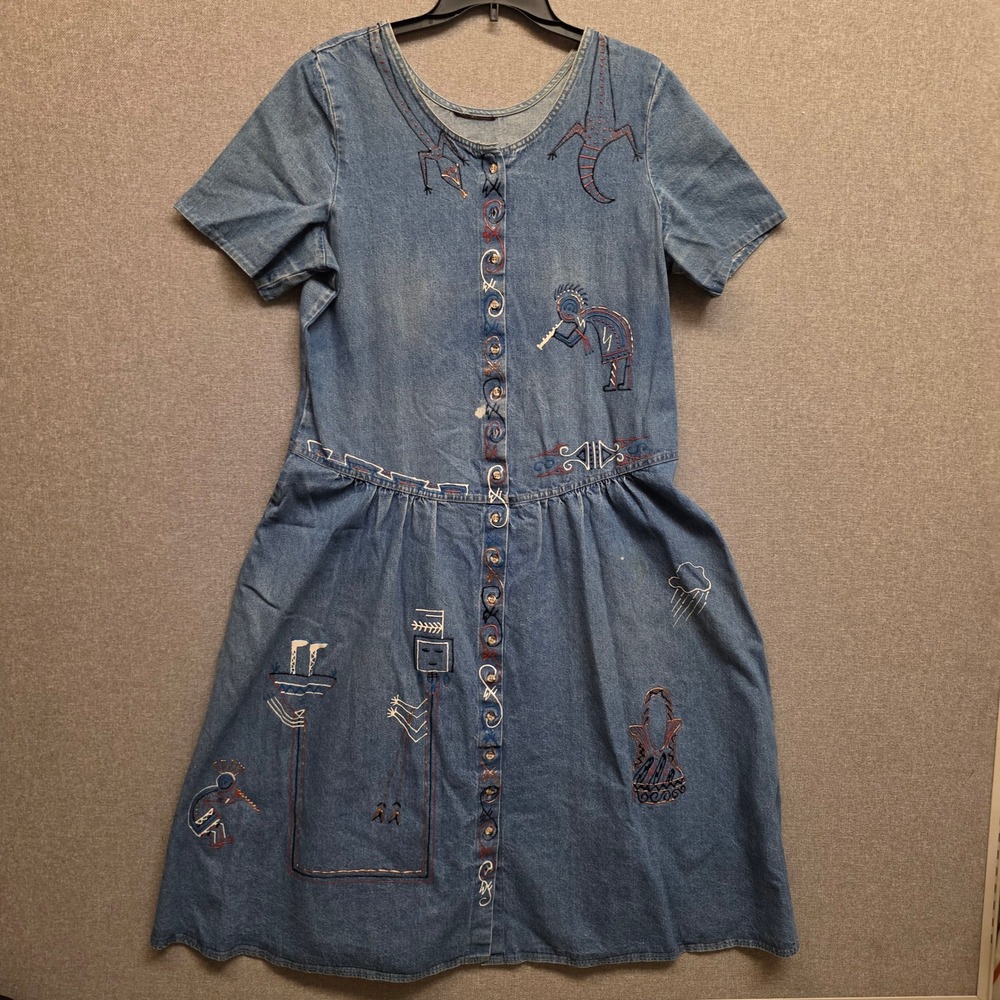 Vintage Womens Denim Kokopelli Southwestern Puff Paint Midi Dress Blue